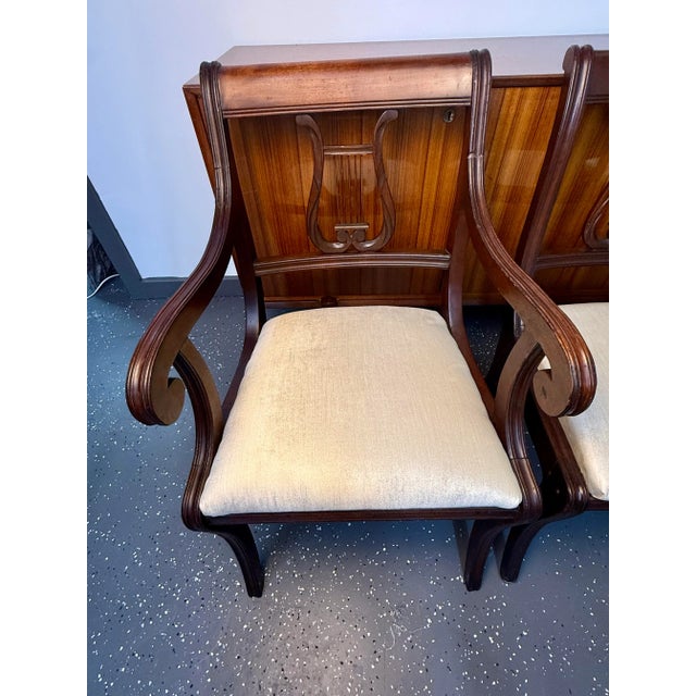 Mid-Century Modern 1940's Reupholstered Mahogany Kilsmos Lyre Back Dining Chairs (6) For Sale - Image 3 of 11