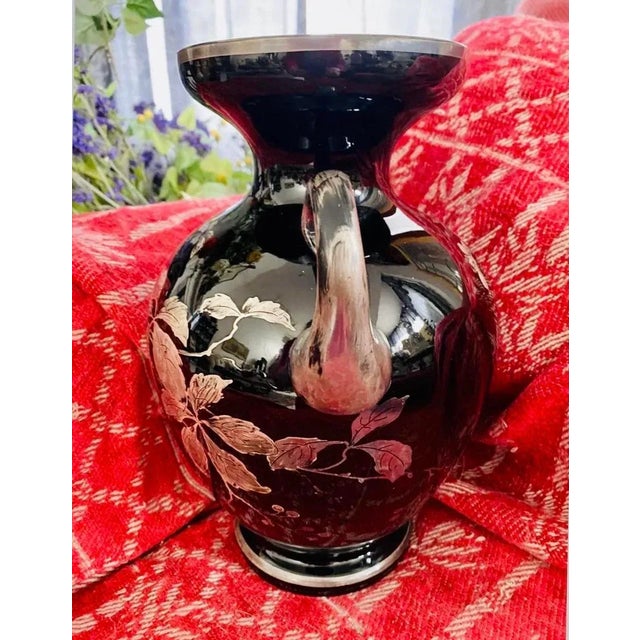 Glass 1910s Large Antique Art Nouveau Black Amethyst Glass Silver Overlay Butterfly Vase For Sale - Image 7 of 7
