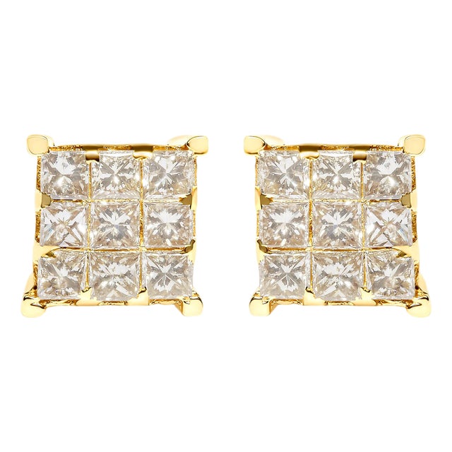 14K Yellow Gold 1 1/2 Cttw Invisible Set Princess-Cut Diamond 9 Stone Square Stud Earrings (J-K Color, SI2-I1 Clarity) For Sale