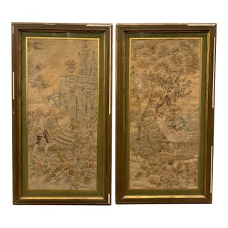 Pair of 19th-Century Figural Needlepoint & Petit Point Pastoral Panels For Sale