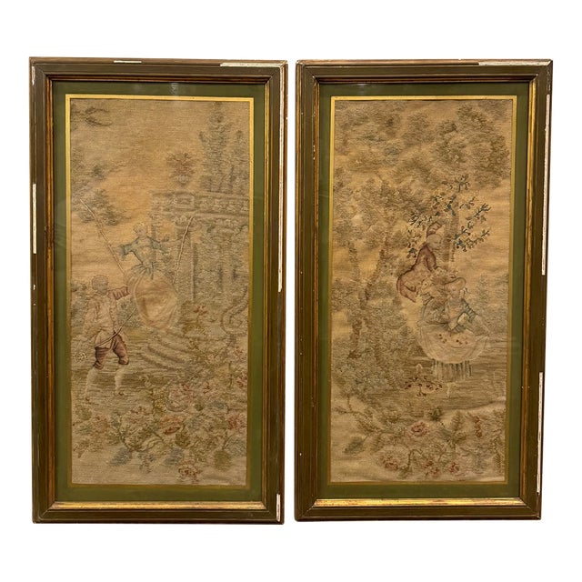 Pair of 19th-Century Figural Needlepoint & Petit Point Pastoral Panels For Sale