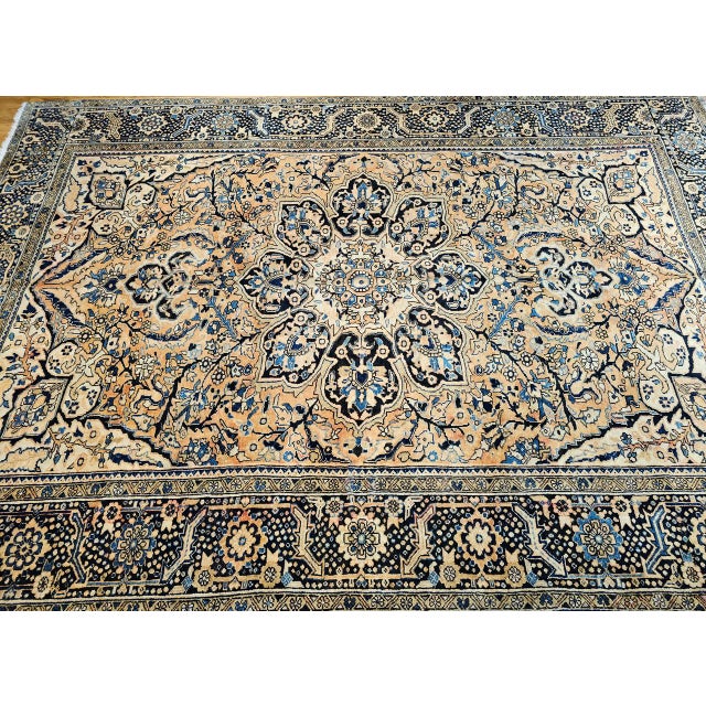 Vintage Persian Heriz Rug, Hand-Knotted Wool, Geometric Medallion Pattern,Tan & Navy, 9x13 For Sale In Chicago - Image 6 of 18