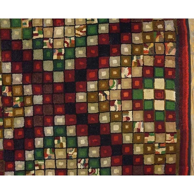 Textile Striking Red Ground Color With Multicolor Diamond Design Antique American Hooked Rug For Sale - Image 7 of 10