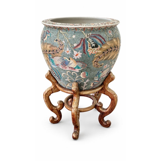 Chinese 1980s Large Chinese Porcelain Jardinière Planter With Bird & Floral Motifs on Decorative Stand For Sale - Image 3 of 11