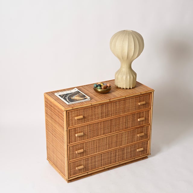 Wonderful mid-century chest of drawers entirely handcrafted in bamboo and woven rattan wicker. This charming organic...