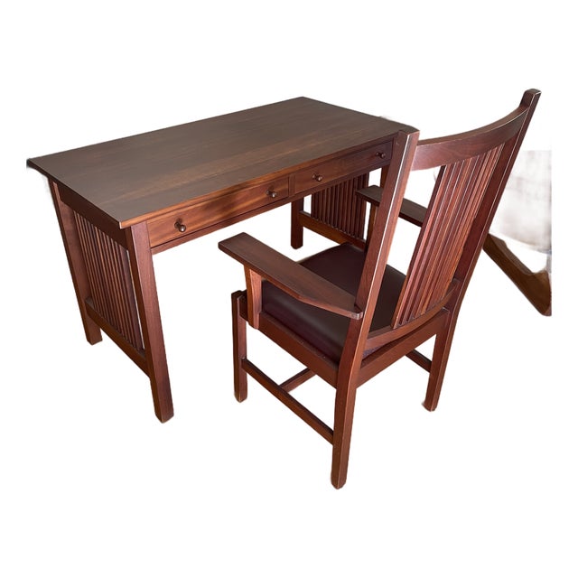 1990s Stickley Mission Cherry Writing Desk & Matching Armchair, Signed Craftsman Collection For Sale