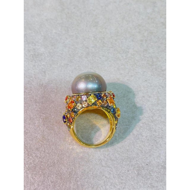 Metal Bochic “Capri” Multi Sapphire & Tahiti Pearl Ring Set In 18K Gold & Silver For Sale - Image 7 of 12