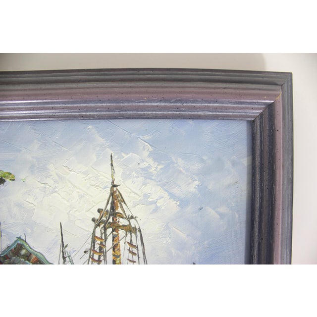 Signed Vintage Oil Painting, Marina Sailboats, Mid-Century Nautical Art For Sale - Image 6 of 9