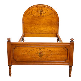 Early 20th Century Antique Walnut Adams Style Twin Size Bed with Painted Flowers & Vines For Sale