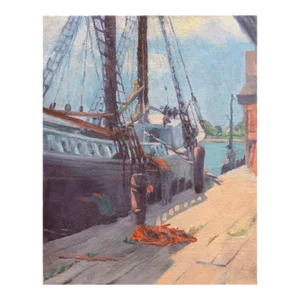 'Caulking the Seams', Circa 1920, American Impressionist School Oil, Sailing Boat, Schooner
