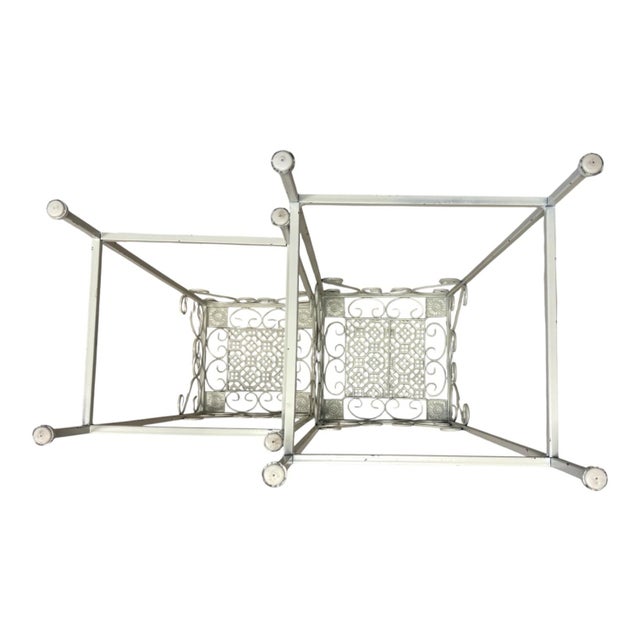 Mid 20th Century Pair of Vintage Indoor/Outdoor Hollywood Regency Graduated Metal Plant Stands, Distressed Ivory Scrollwork For Sale - Image 5 of 10