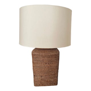 Large Woven Rattan Table Lamp With Silk Shade For Sale