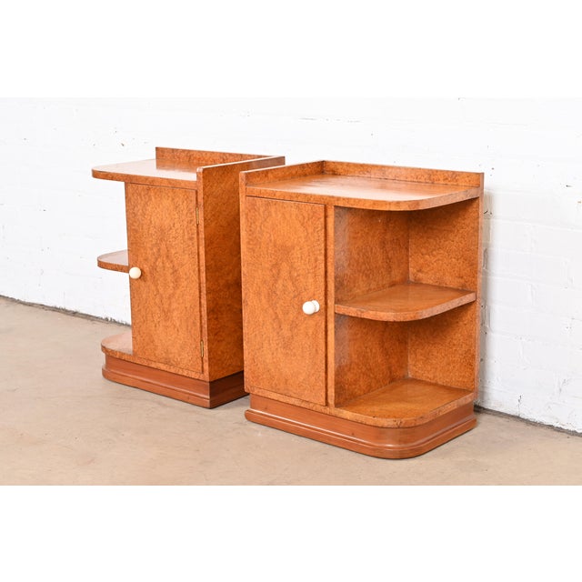 French Art Deco Burl Wood Nightstands in the Manner of Maison Dominique
