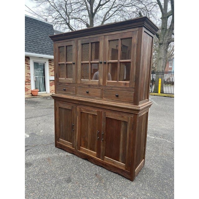 Rustic Wood Hutch Cabinet With Glass Doors and Drawers For Sale - Image 9 of 9