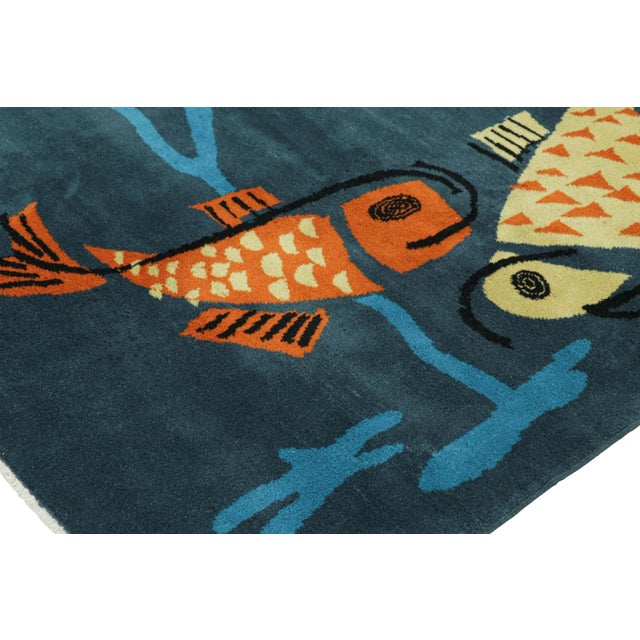 Vintage Zeki Müren Rug in Navy Blue With Fish Pictorials | Rug & Kilim For Sale In New York - Image 6 of 7