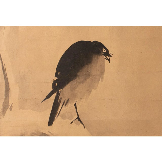Tan 1920s Late Meiji to Early Showa Japanese Watercolor Scroll "The Crow and the Snow" For Sale - Image 8 of 12