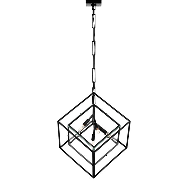 Kelly Wearstler for Visual Comfort Signature Cubed Large Pendant in Aged Iron with Clear Glass For Sale