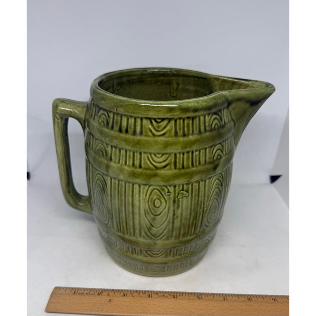 Green Mid 20th Century Retro Green Yellow Ware Pottery Stoneware Barrel 8” Pitcher For Sale - Image 8 of 12