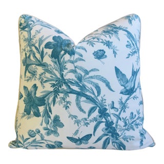 P. Kaufmann Teal/Aqua Aviary Birds & Butterflies Toile Feather/Down Pillow 22” Square For Sale