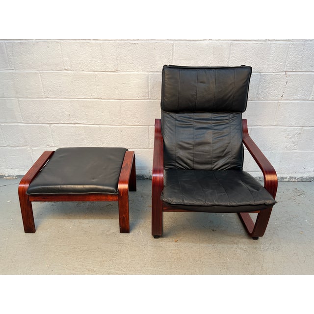 Ikea Vintage Black Leather Poäng Chair and Ottoman by Noboru Nakamura for Ikea For Sale - Image 4 of 13