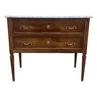 French 19th Century Louis XVI Walnut Carrara Marble Top Chest of Drawers For Sale