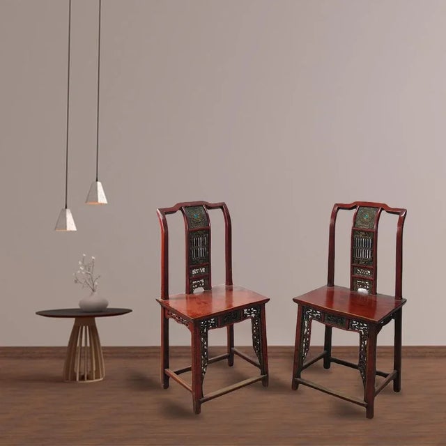 Chinese Pair Antique Chinese Blue Eye Side Chairs For Sale - Image 3 of 12