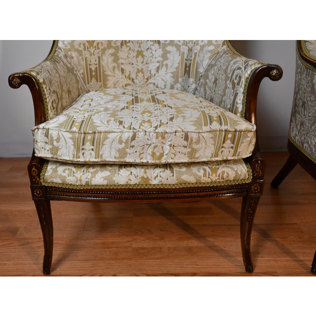 1930 Pair French Carved Mahogany High-Back Living Room Chairs / Spring-Seat For Sale - Image 9 of 18