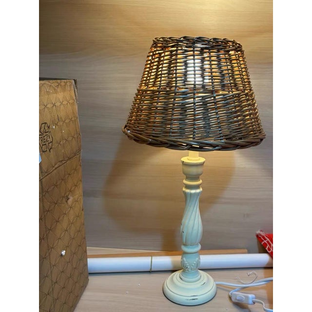 Rattan Shade & Distressed Iron Lamp For Sale - Image 4 of 6