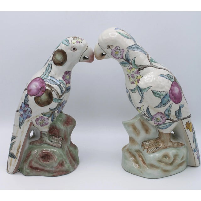 Large Mid Century Famille Rose Chinese Export Parrot Figurines - Set of Two For Sale - Image 12 of 12