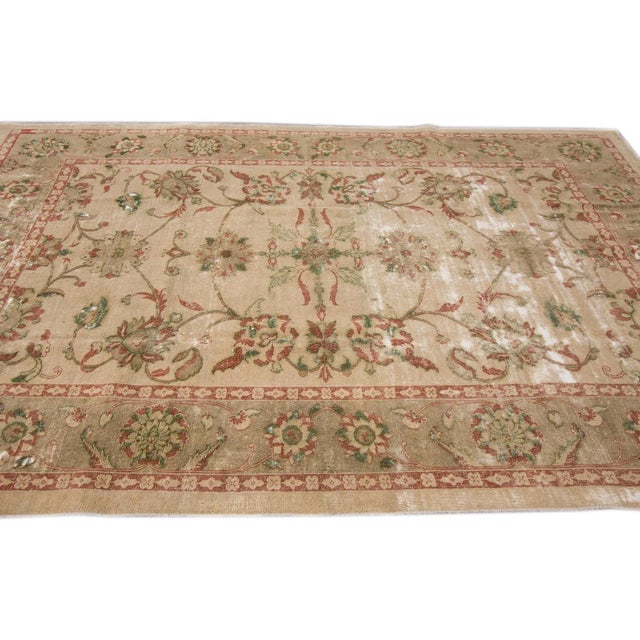 1950s 1950s Vintage Persian Distressed Tabriz Handmade Taupe Floral Wool Rug For Sale - Image 5 of 8
