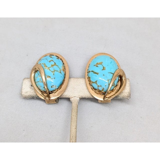 Napier Vintage 1950s Signed Napier Goldtone Cabochon Faux-Turquoise Clip Earrings-2 Pieces For Sale - Image 4 of 8