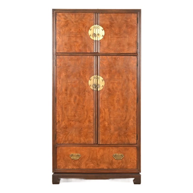 Drexel Heritage Hollywood Regency Chinoiserie Burl Wood Armoire Dresser or Bar Cabinet, Circa 1970s For Sale