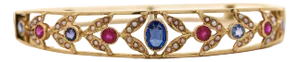 1910s Sapphire, Ruby, & Seed Pearl 14k Gold Openwork Bangle Bracelet