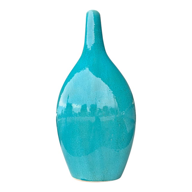 Mid-Century Style Large Turquoise Ceramic Long-Neck Tear-Drop Vase For Sale