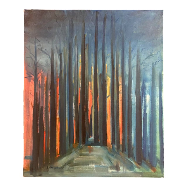Abstract Original Oil Painting of Evening Sunlight Shining Through Trees by Satori Gregorakis For Sale