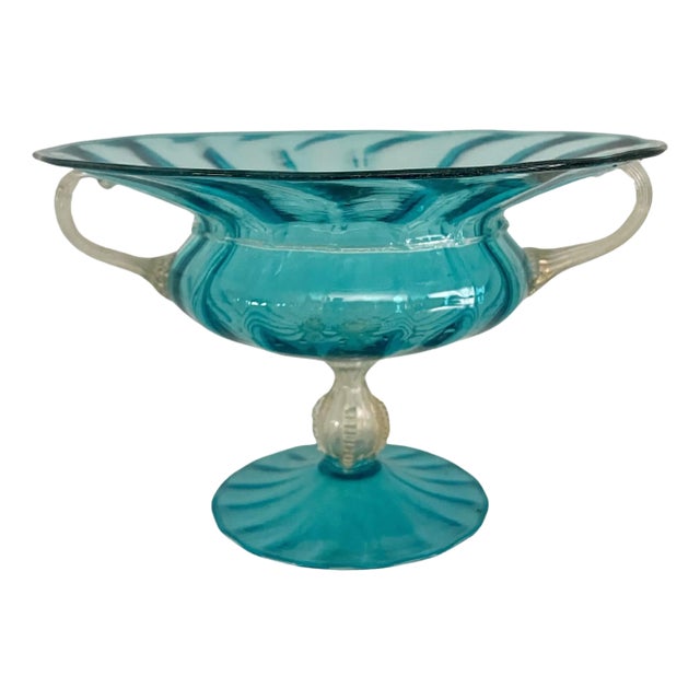 Italian Murano Glass Blue Footed Bowl With Gold Handles and Pedestal For Sale