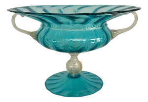 Italian Murano Glass Blue Footed Bowl With Gold Handles and Pedestal