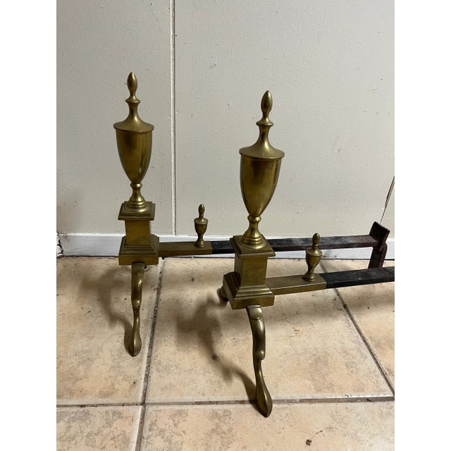Vintage Pair of Victorian Queen Anne Style Polished Brass Andirons For Sale - Image 10 of 12