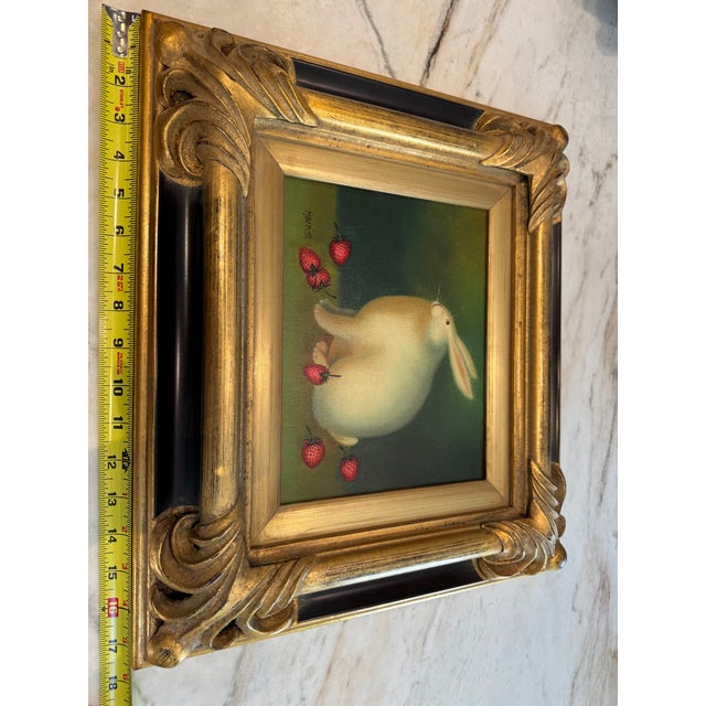 1990s Vintage Framed Rabbit Painting Signed Harris – White Bunny With Strawberries For Sale - Image 5 of 6