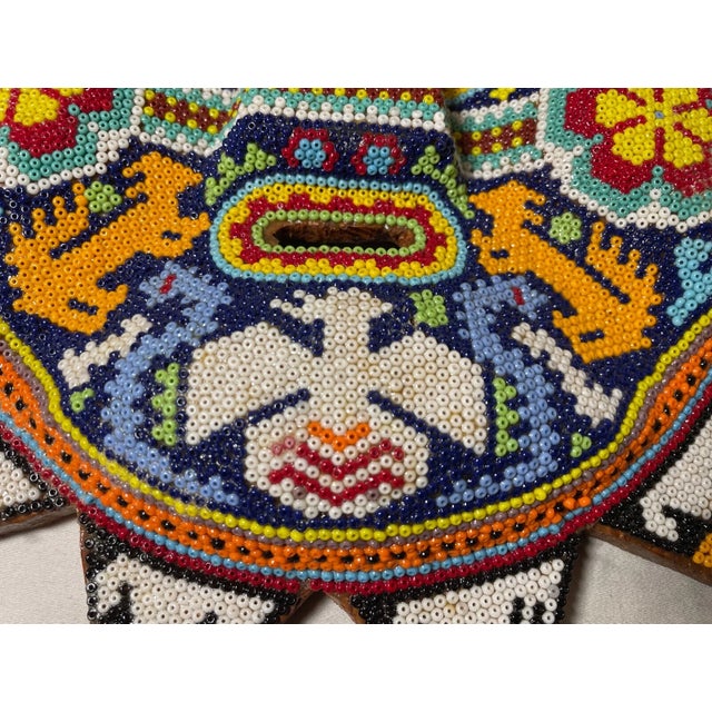 Vintage Handmade Mexican Huichol Chroma Beaded Wood Wall Sun Sculpture Mask Art For Sale - Image 11 of 13