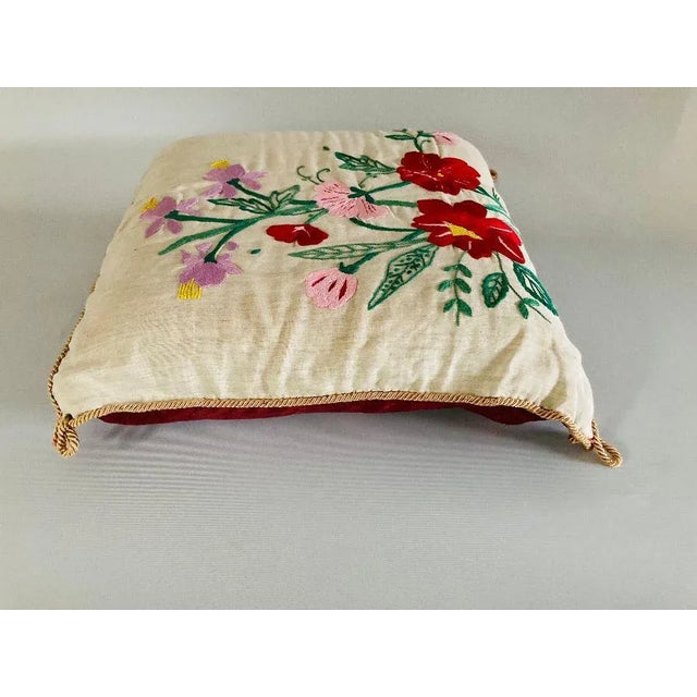 Vintage Hand Embroidered Floral Design Pillow For Sale - Image 4 of 6