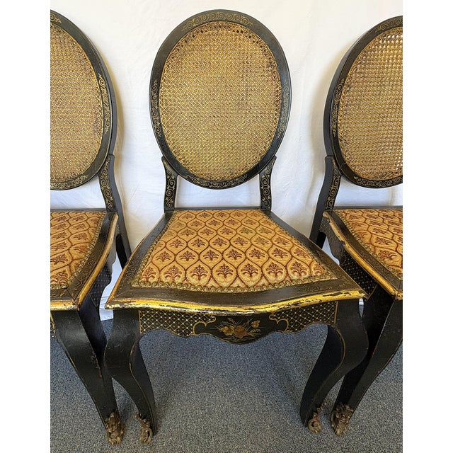 Antique English Chinoiserie Lacquer Chairs With Cane Backs and Brass Sabots- Set of 4 For Sale In West Palm - Image 6 of 18