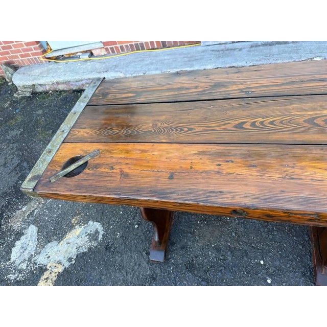Mid 20th Century Vintage Farmhouse Rustic Style Liberty Ship Hatch Cover Trestle Base Dining Table For Sale - Image 5 of 17