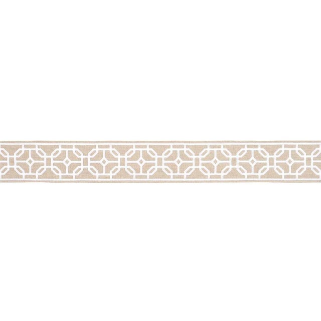 A graphic, interlocking motif that is satin stitched on cotton, Gazebo Trellis Tape is a gorgeous 4 1/4-inch-wide trim...