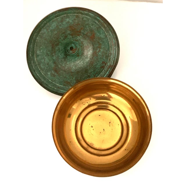 Swedish Art Deco Verdigris Bronze Enamel Lidded Dish Bowl by Carl Sorensen Circa 1930s For Sale In Raleigh - Image 6 of 11