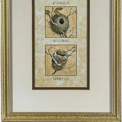 Vintage Nancy J Shumaker Pallan Bird Beginnings Seasonal Framed Prints Pair For Sale - Image 10 of 11