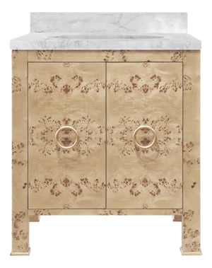 Matthew Izzo Home Blanche Burlwood Two Door Single Sink Porcelain Bath Vanity With Carrara Marble Top and Antique Brass Hardware