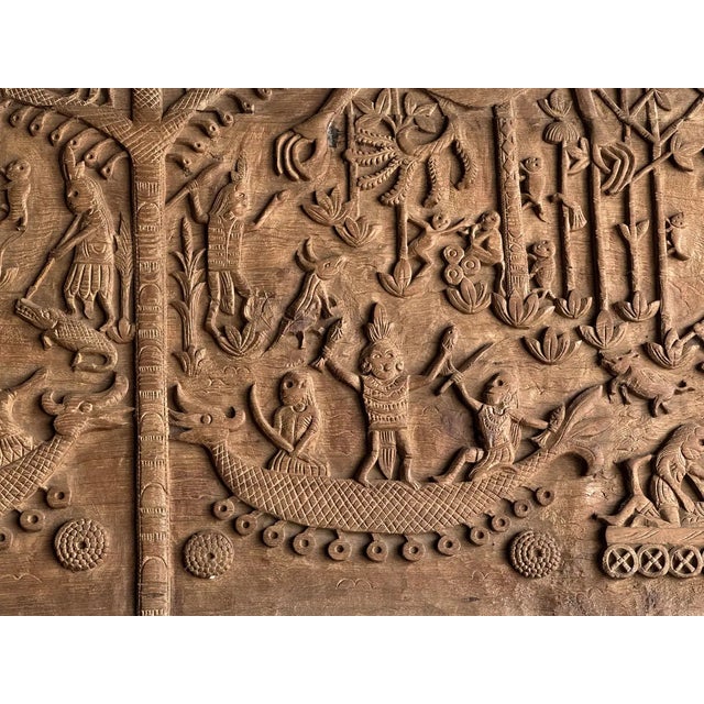 Hand-Carved Teak Wood Sculpture Panel Depicting Dayak Mythology For Sale - Image 4 of 10