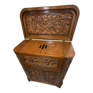 Mid-Century Modern Hand-Carved Asian Chinoiserie Dry Bar Cabinet For Sale