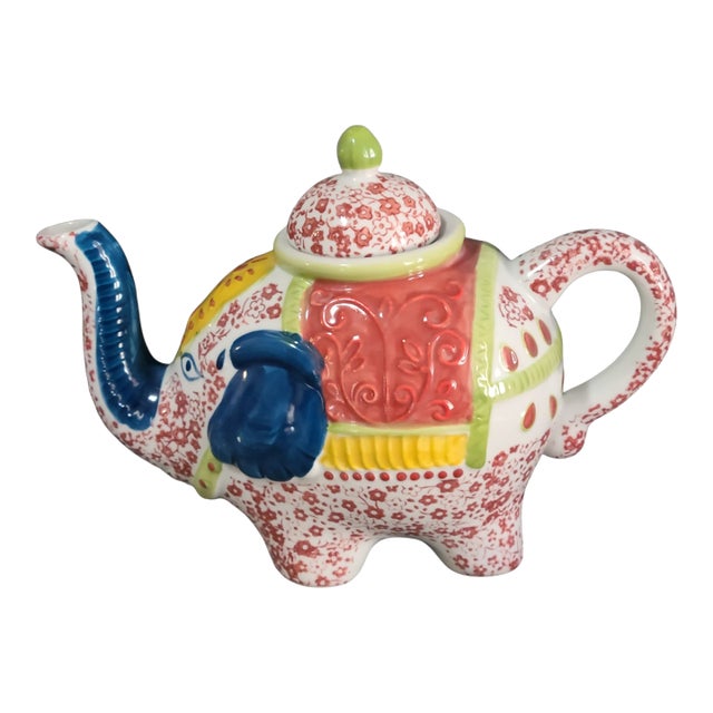 Vintage Hand Painted Colorful Floral Whimsical Lucky Elephant Teapot For Sale